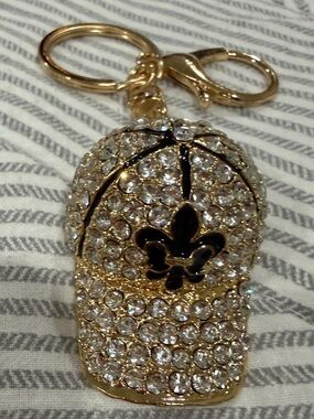 Faux diamond rhinestone baseball cap hat gold black fleur de lis keychain bling